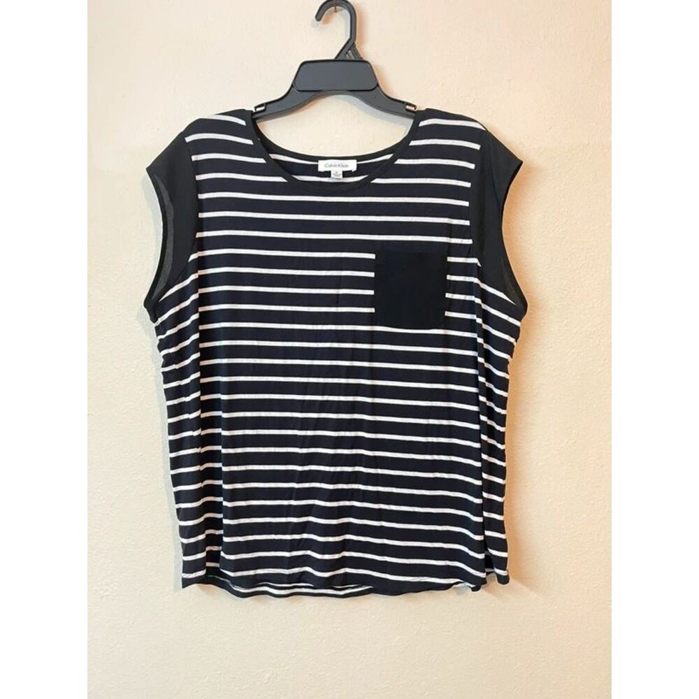 Calvin Klein Blouse 1XL Stripped Pocket Sheer Sleeve